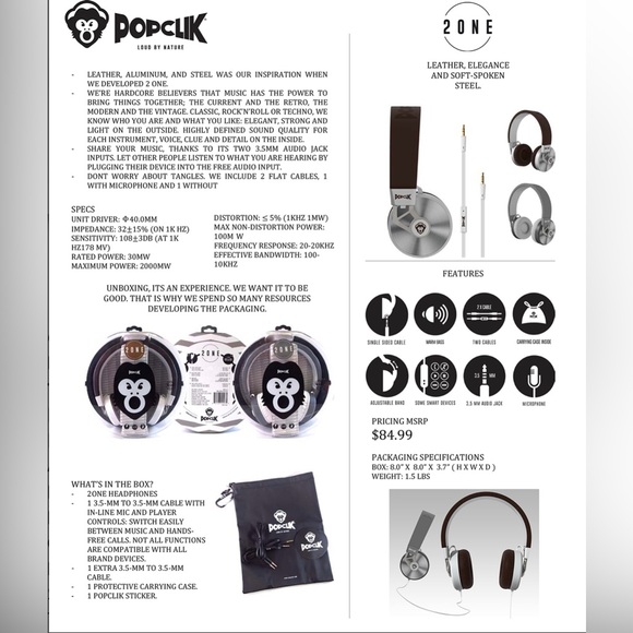 PopClik 2 ONE Headphones Brown Leather Elegance and Soft Spoken Steel… - Picture 6 of 7